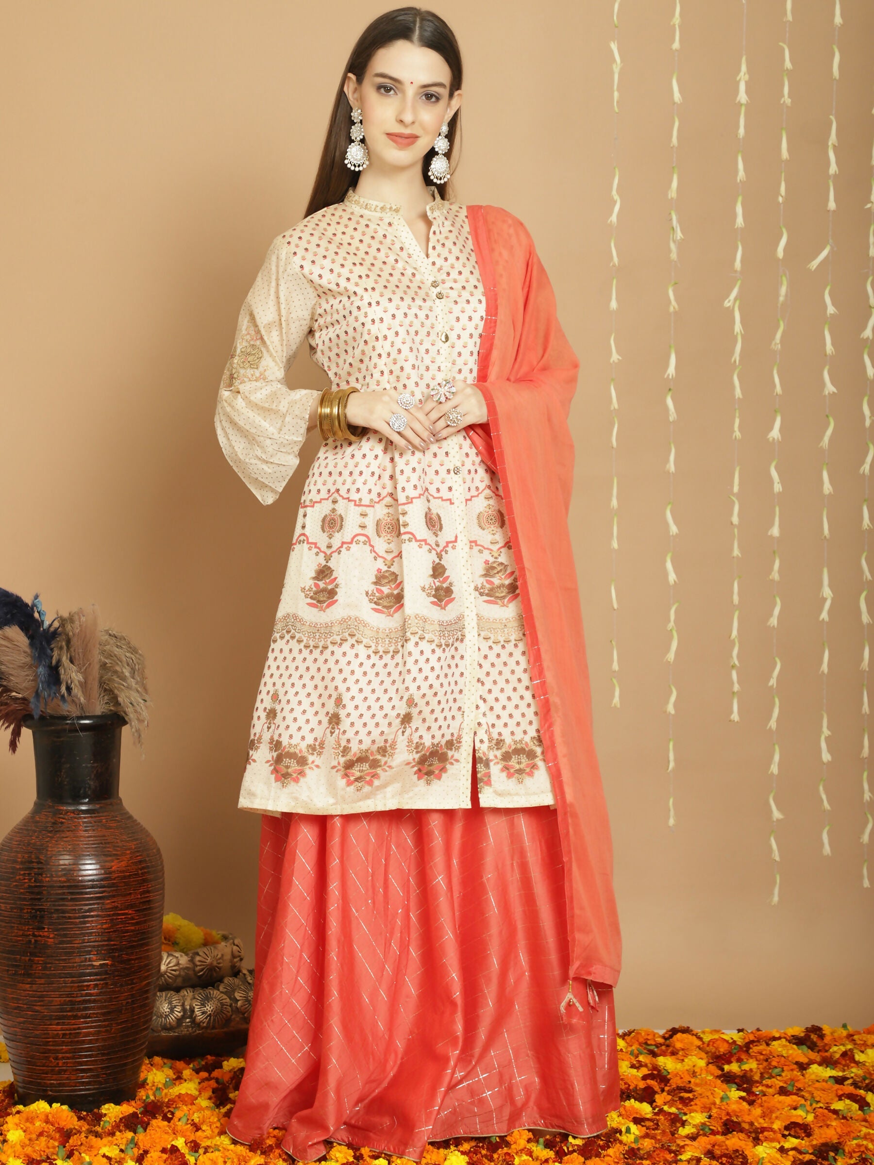 Jyoti Fashion Women's Cream Chanderi Silk Elegant Jardoshi Semi Kurta with Trouser & Dupatta
