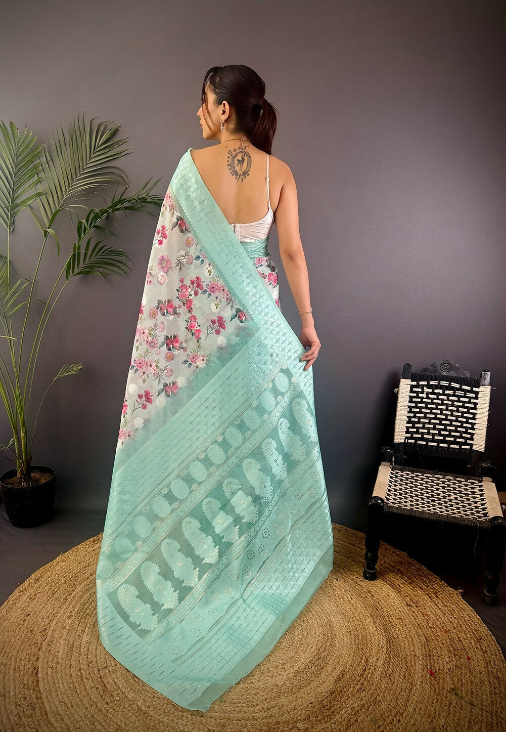 Joban Fashion Cyan Blue Floral Motifs Banarasi Silk Sarees
