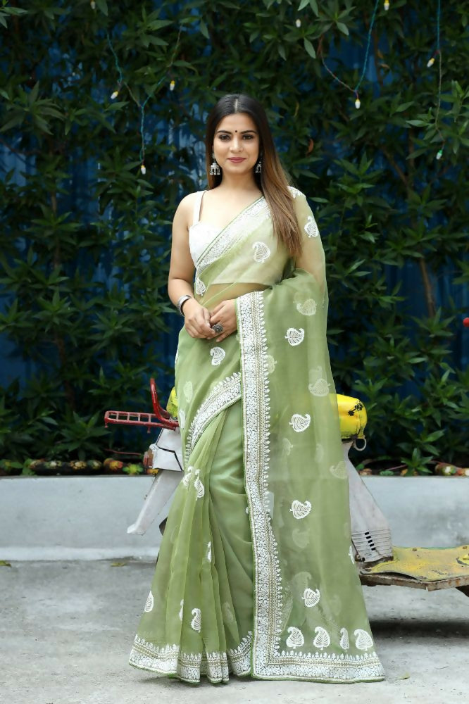 Vamsee Cotton Kerry Green Organza Saree