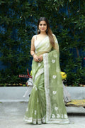Vamsee Cotton Kerry Green Organza Saree