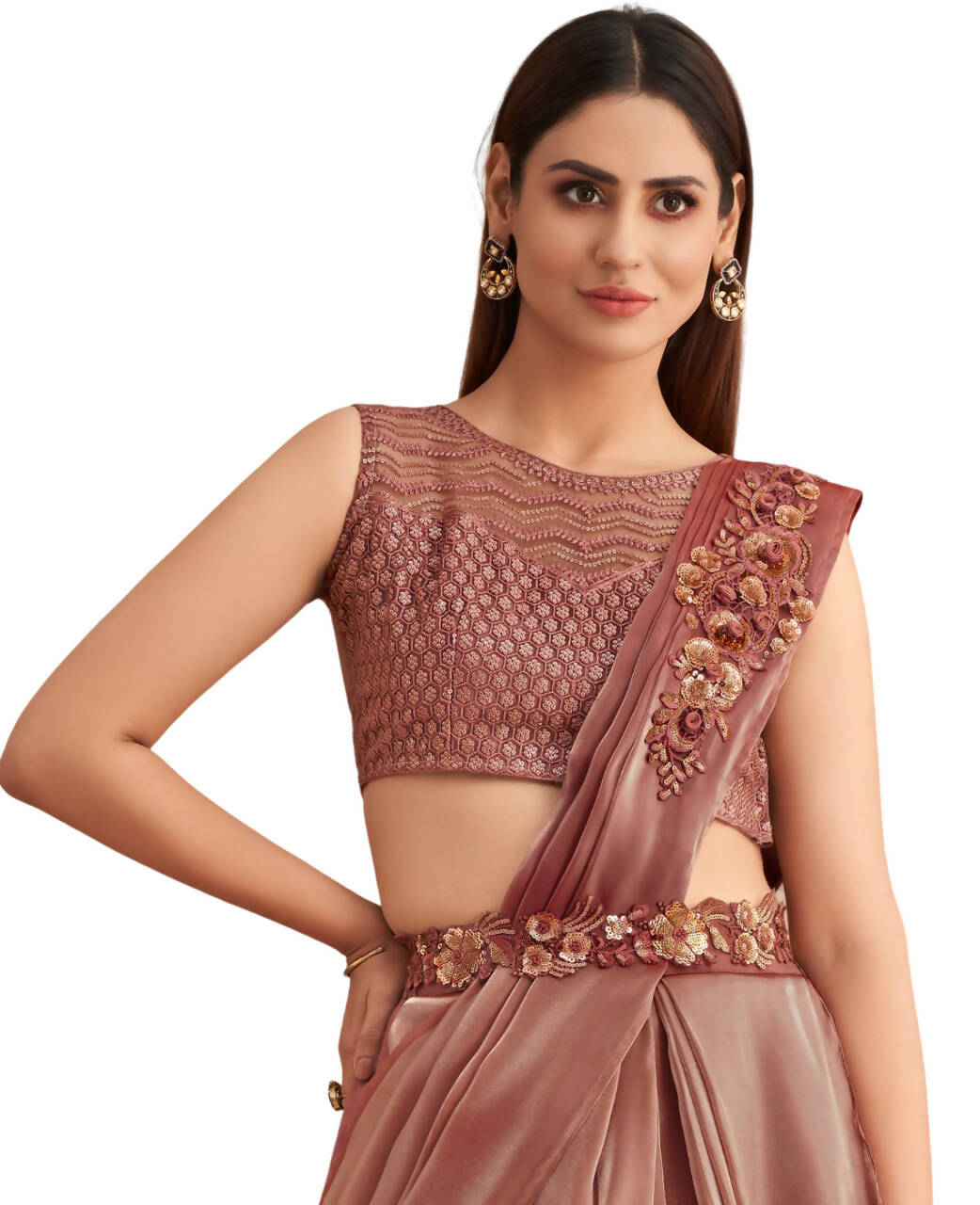 Pink Satin Embroidered Ready To Wear Saree With Unstitched Blouse Piece - Nandika
