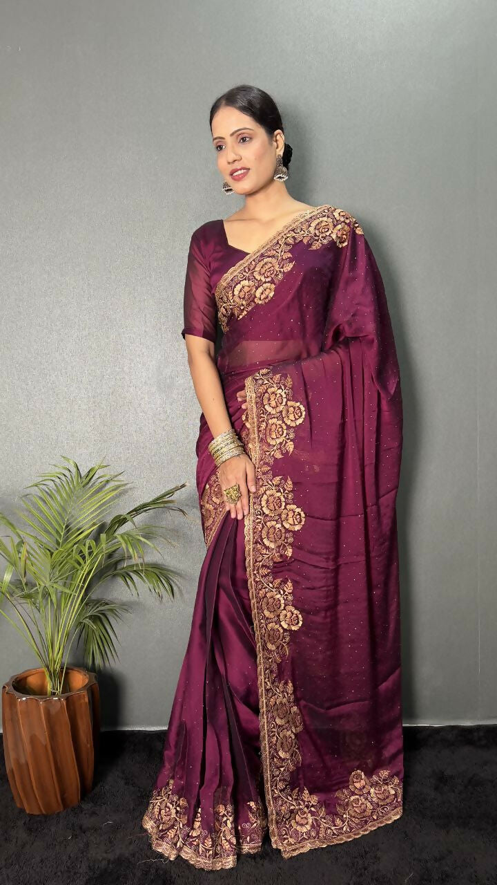 Vastranavya Wine Rangoli Silk Zari work with DMC Swarovski work Ready to Wear Saree