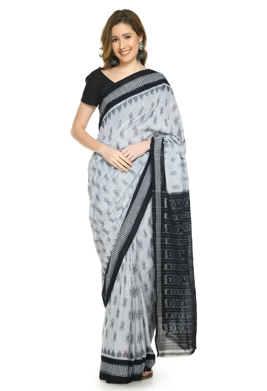 Vamika Sambalpuri Ikat Cotton Dehabandha White & Black Checks Saree
