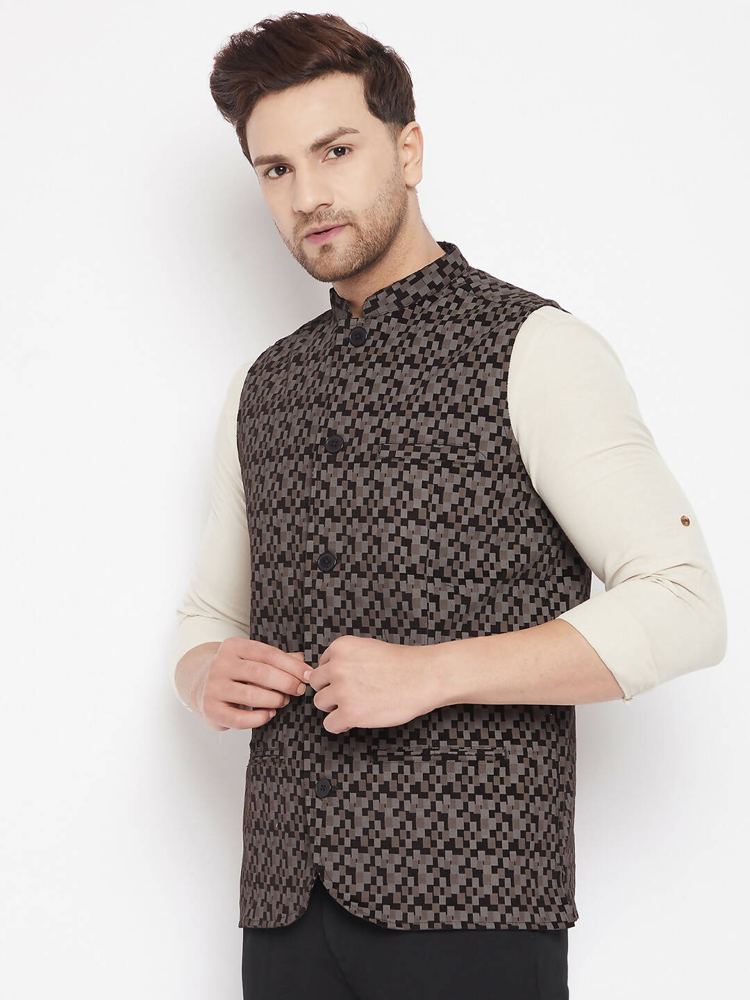 Even Apparels Black Merino Men Woven Nehru Jacket BF539