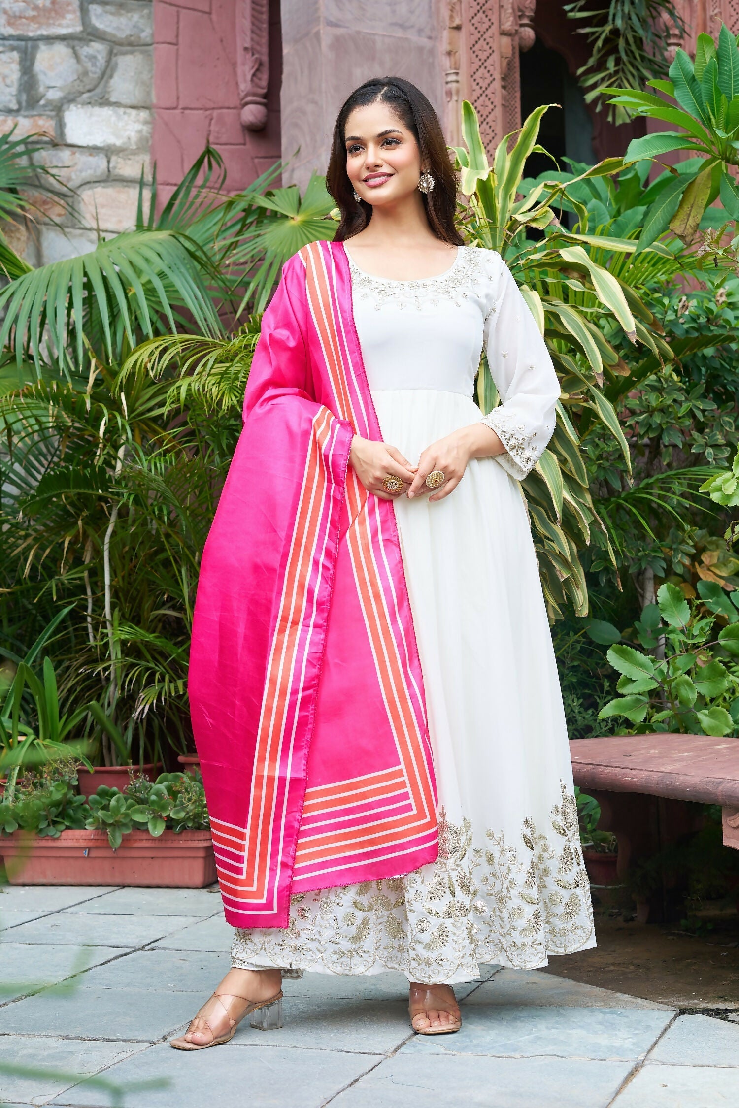Teeya Creation Off White Color Faux Georgette Embroidery Work Long Gown