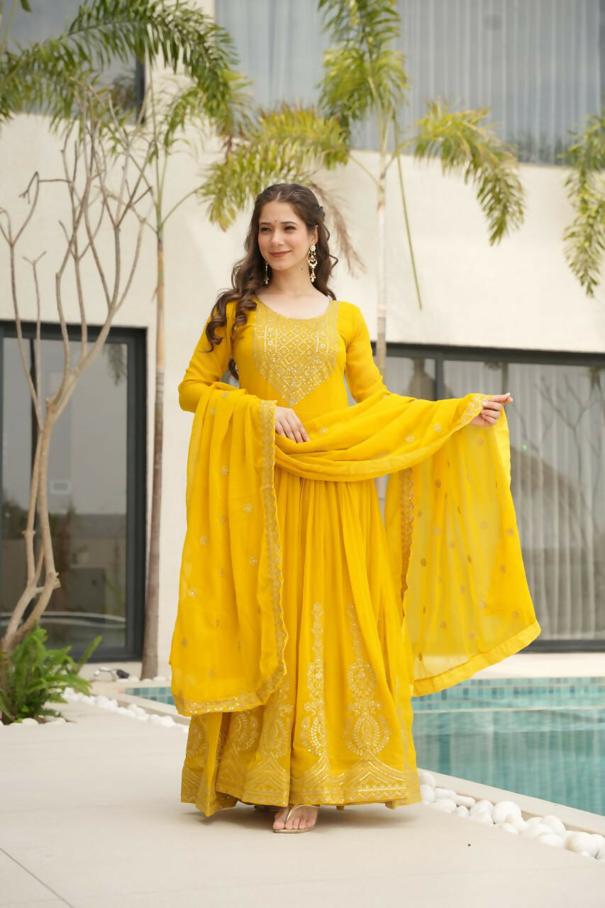 Vastranavya Yellow Faux Blooming with Embroidery Zari Sequins Work Gown