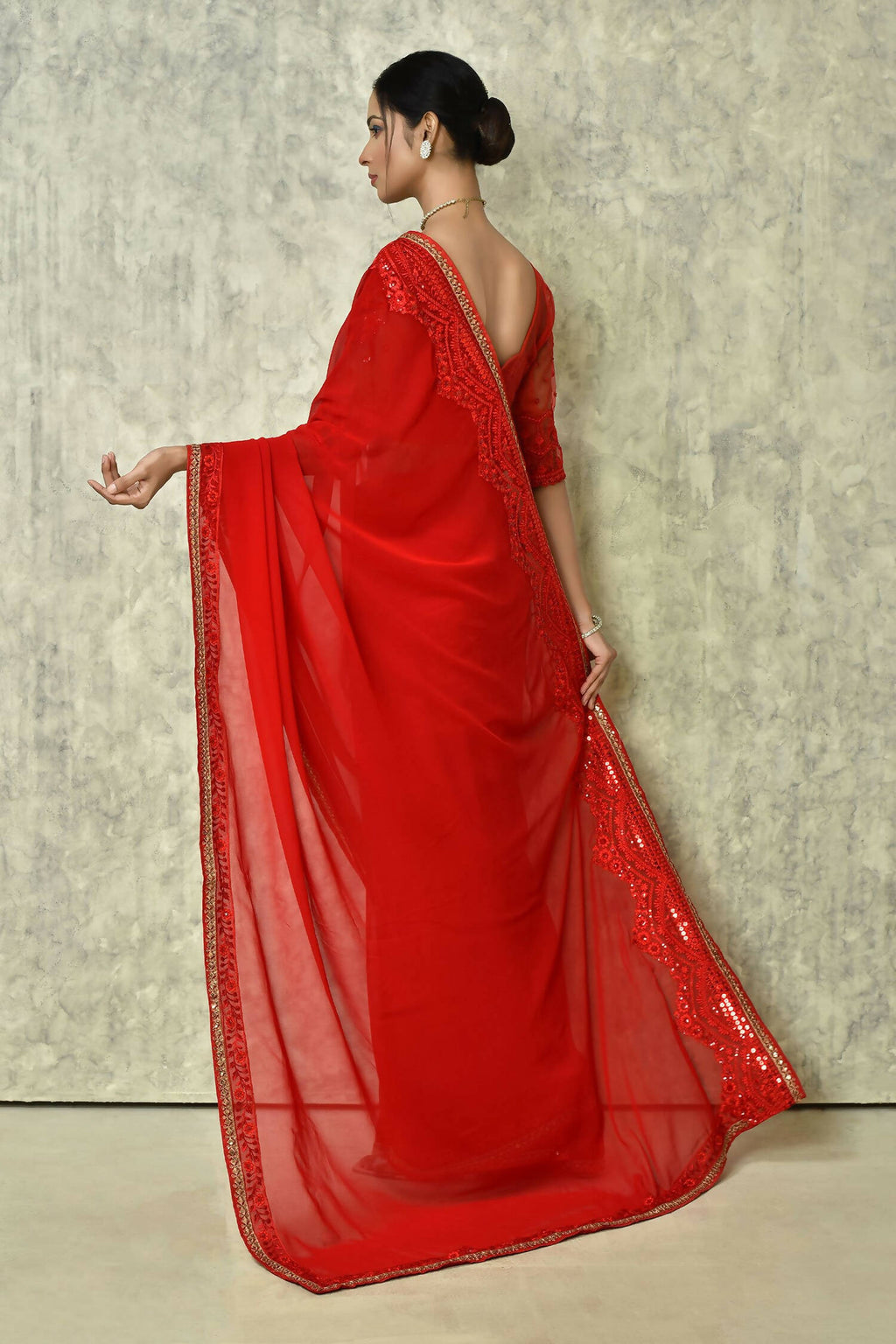 Red Georgette Plain Saree with Blouse Piece - Purvi