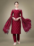 Jyoti Fashion Women's Maroon Cotton Blend Embroidery & Sequence work Kurta with Trouser & Dupatta