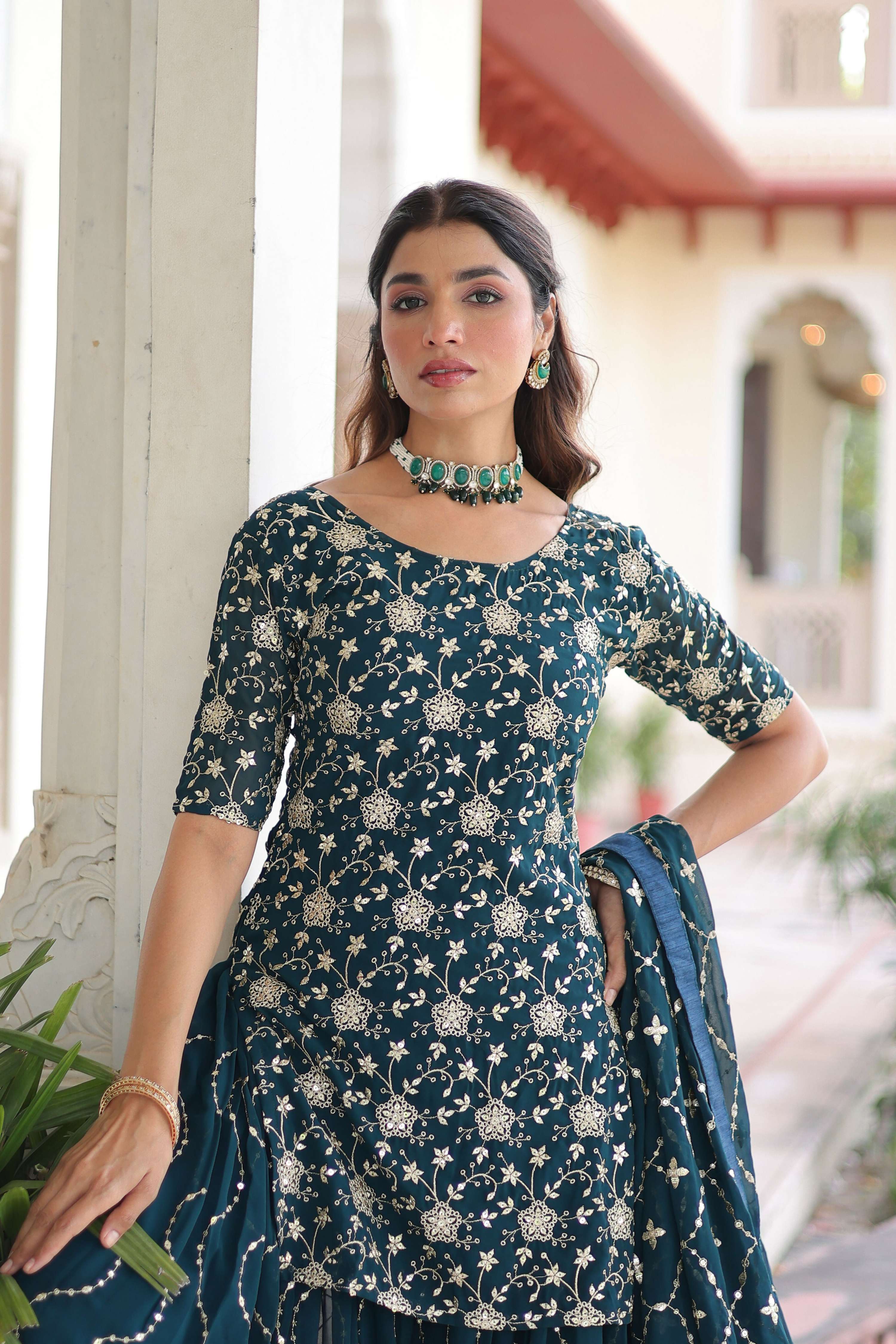 Joban Fashion Rama Green Readymade Kurta Set With Sequence embroidery Work