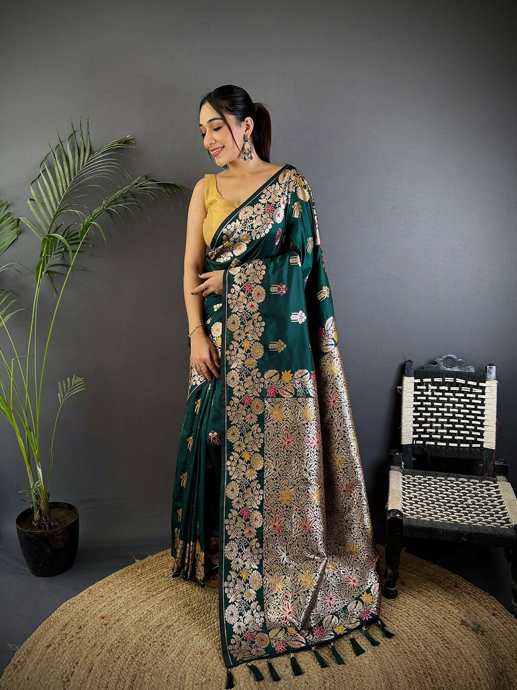 Joban Fashion Meenakari Dark Green Woven Soft Silk Saree