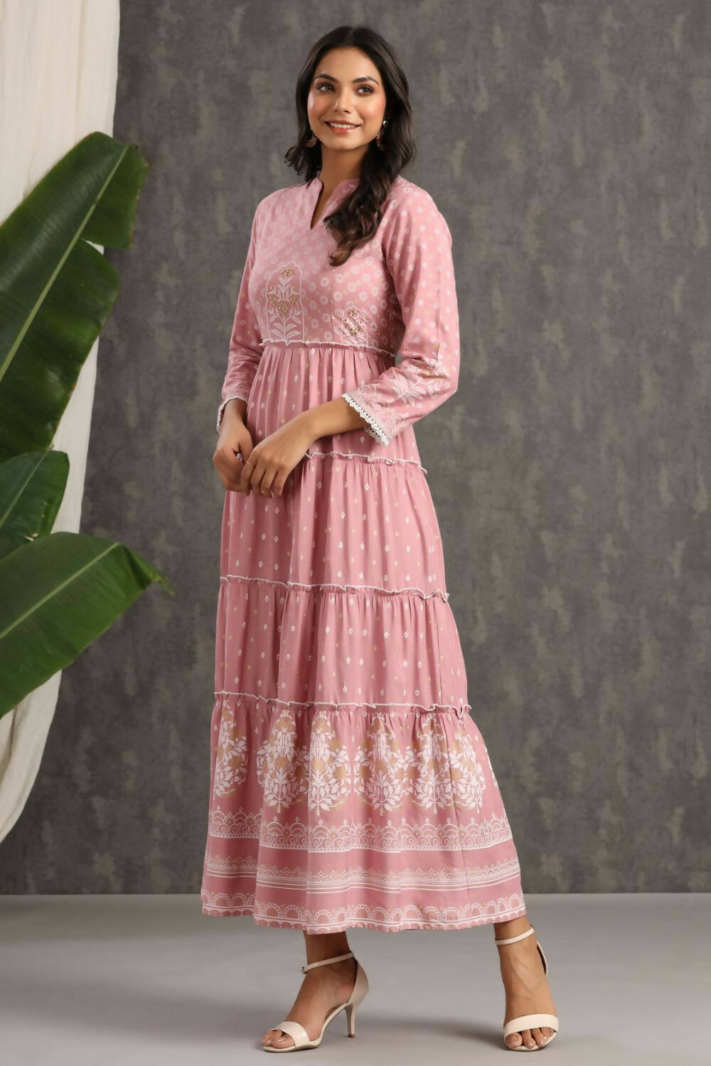 Juniper Womens Onion Pink Rayon Foil Printed Tiered Dress