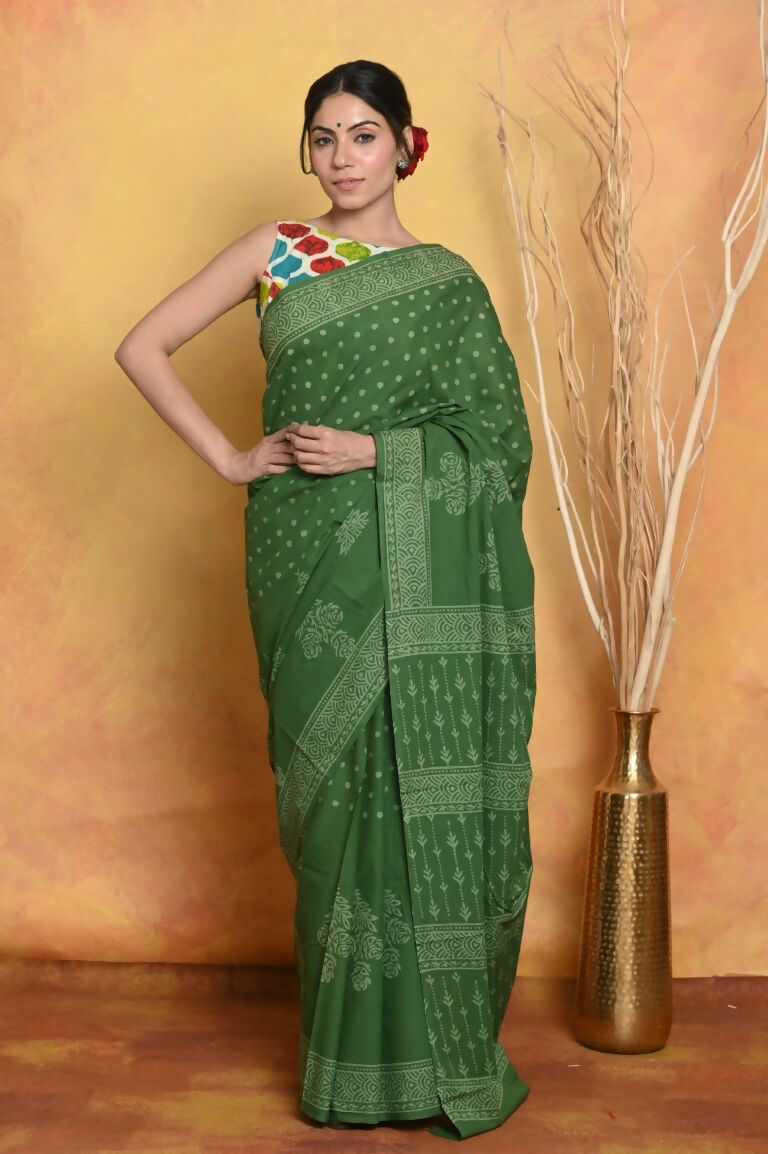 Very Much Indian Handblock Printed Cotton Saree With Natural Dyes - Green
