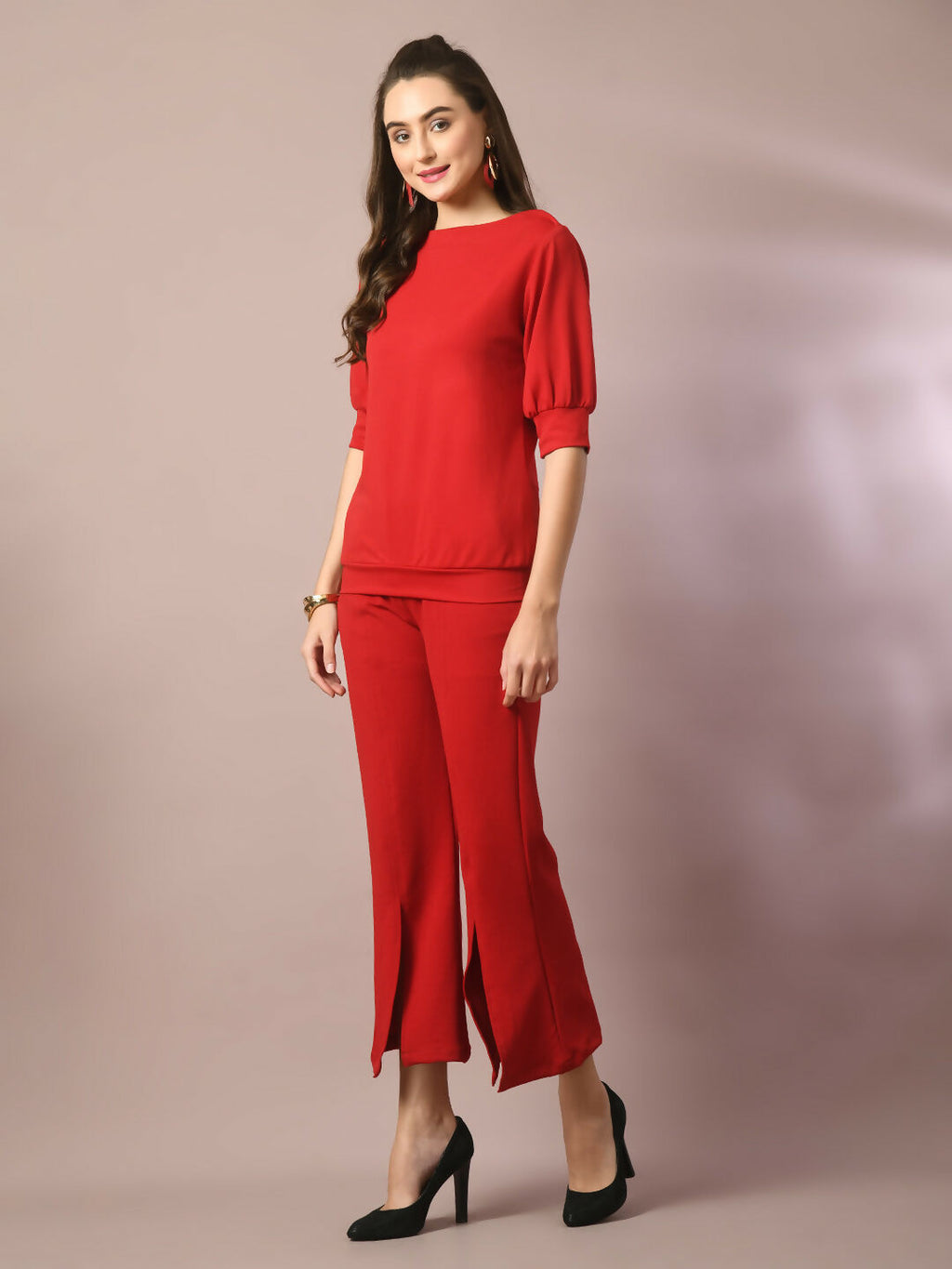 Myshka Women's Red Solid Boat Neck Party Top