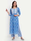 Alvano Printed Naira Cut Kurti with Pant set for Women and Girls Cotton (Blue)