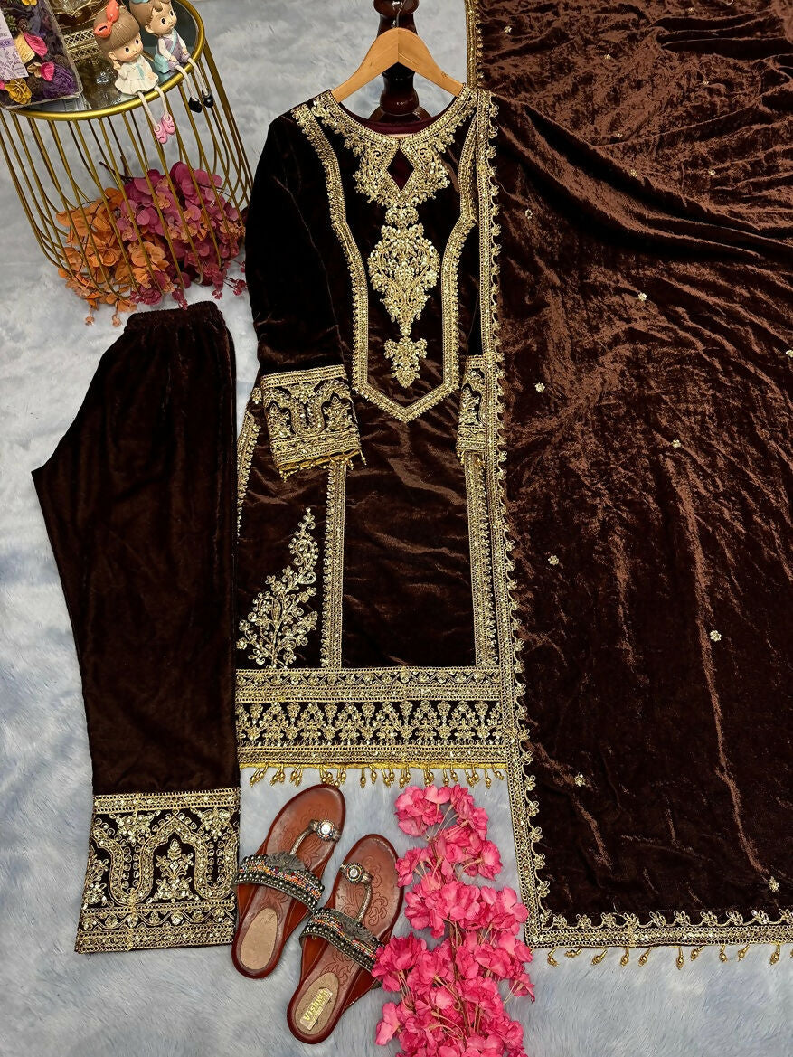 Teeya Creation Coffee Color Velvet Fabric Designer Embroidery Work Suit