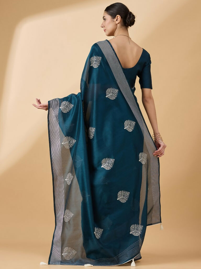 Teal Cotton Blend Thread Embroidered Saree with Unstitched Blouse - Satya