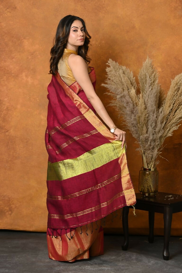 Very Much Indian Handloom Pure Cotton Linen Saree With Golden Border - Maroon