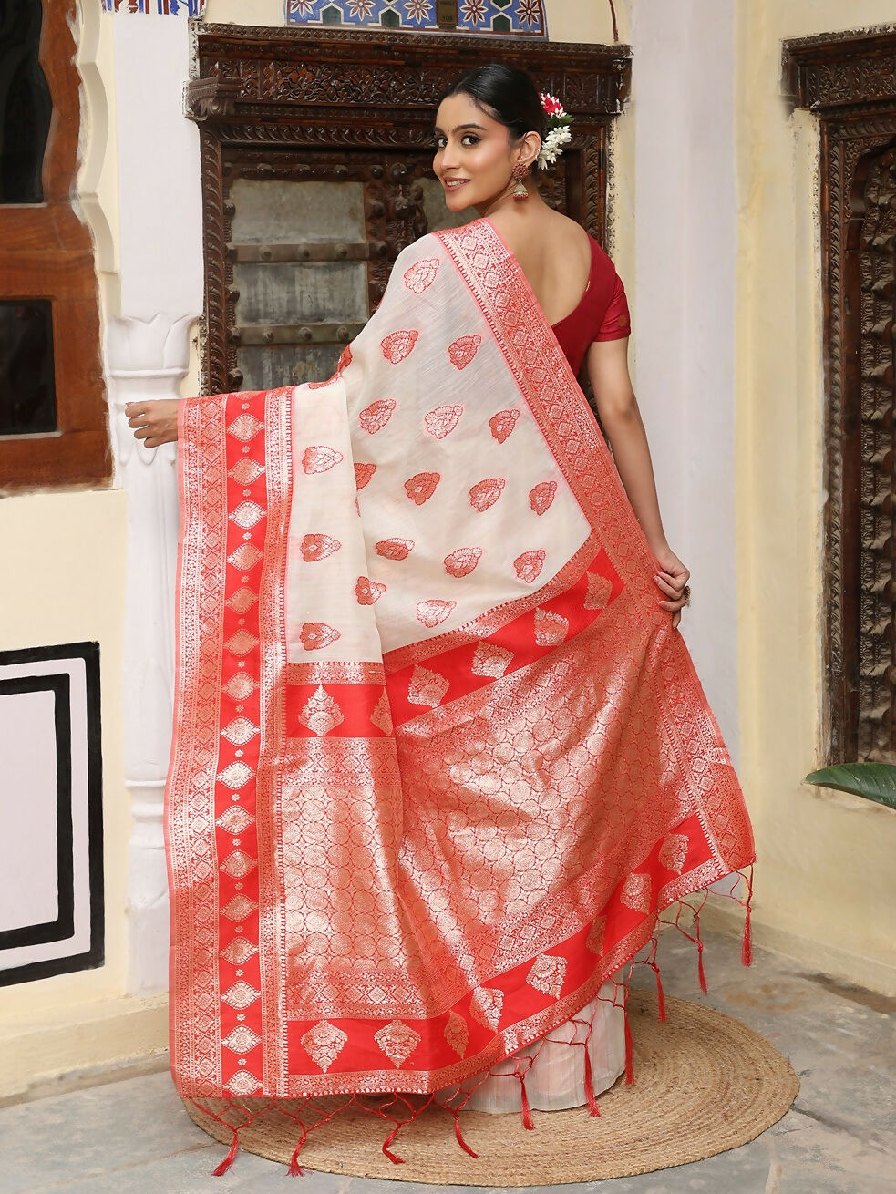 Shree Shyam Fashion White & Red Linen Cotton Saree