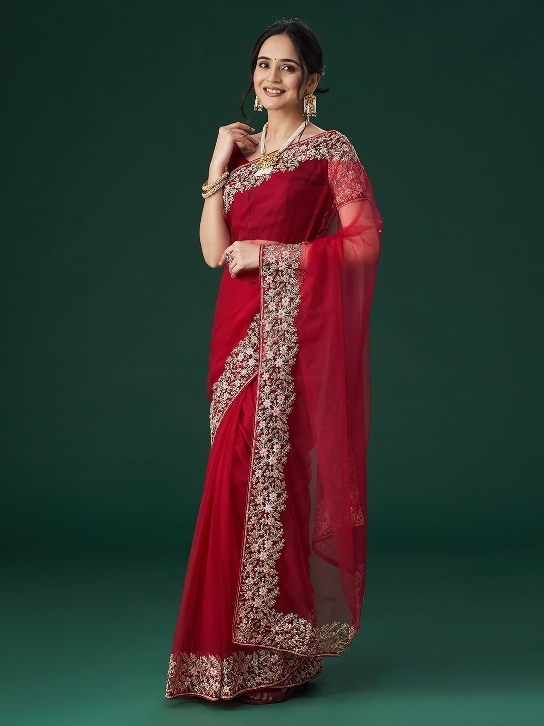 kasee Women's Aari Work Embroidered Net Sarees