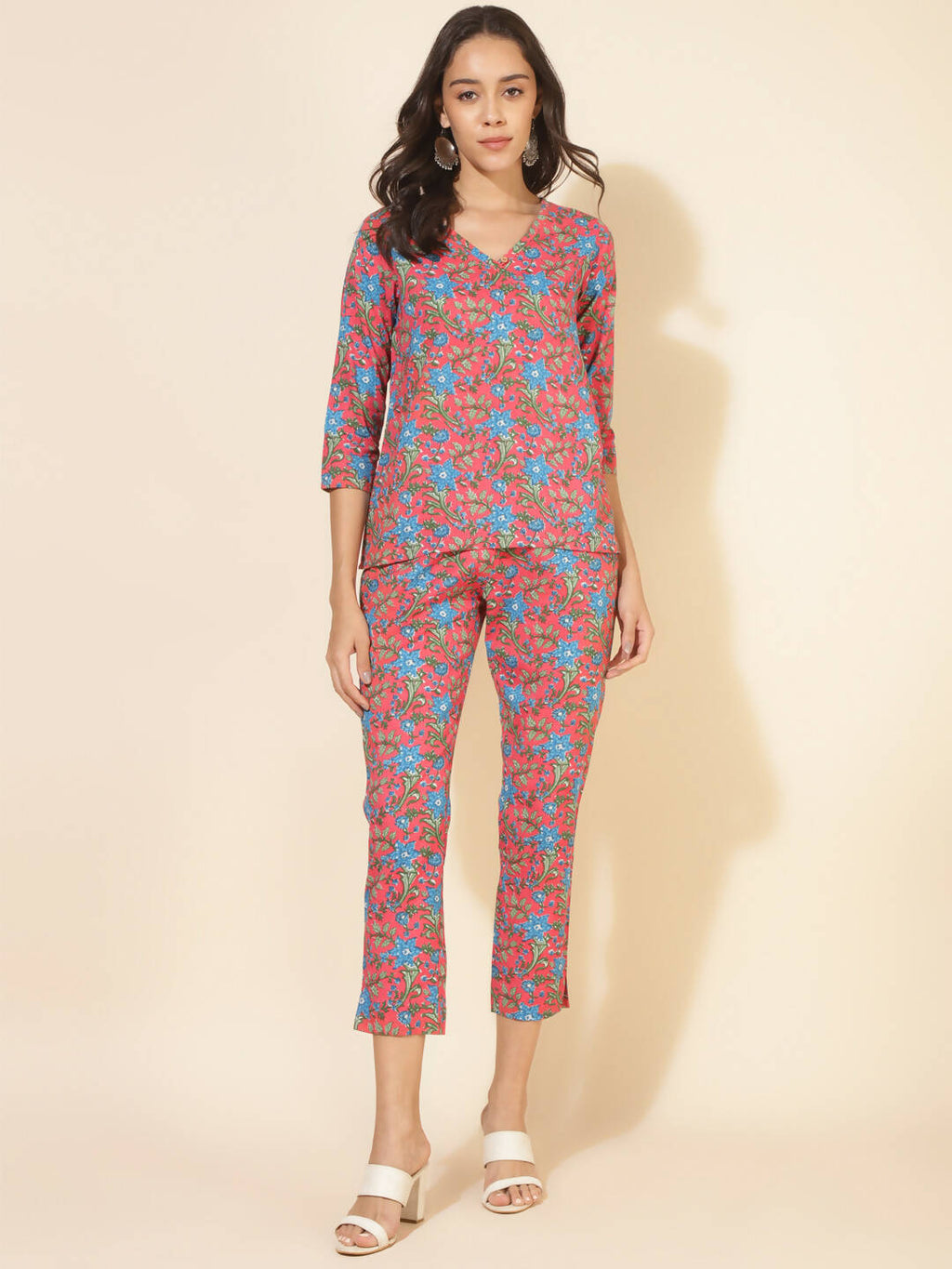Janasya Women's Pink Cotton Floral Printed Casual Regular Co-ords