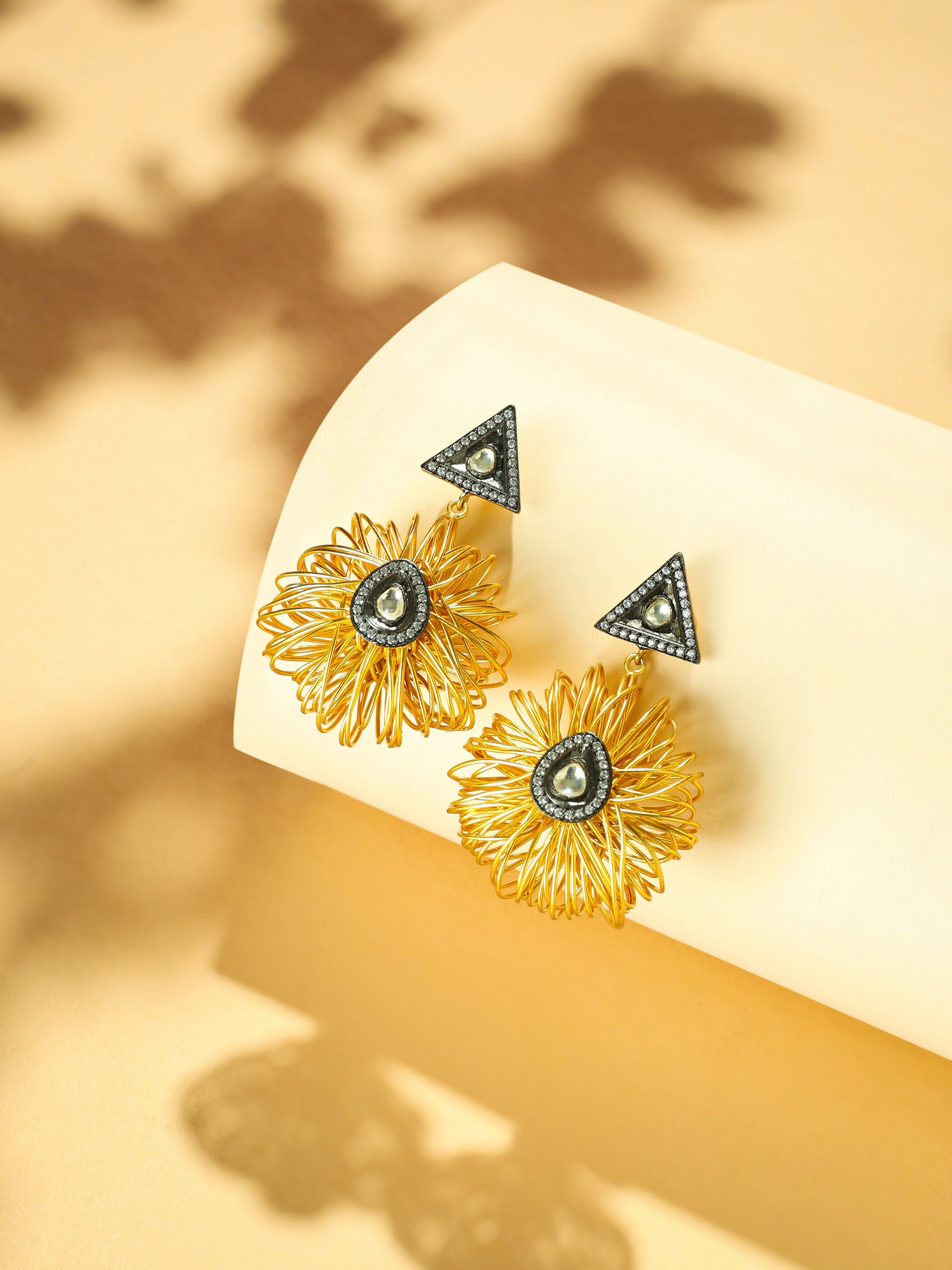 Nuyug 18K Gold-Plated Stones & American Diamond Studded Contemporary Wire Drop Earrings