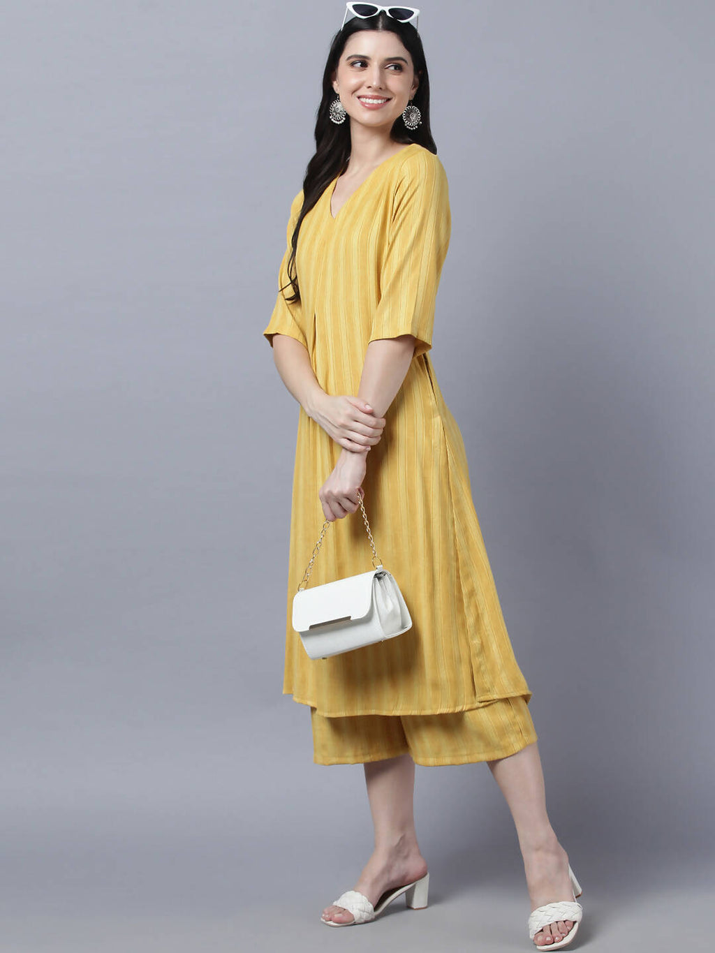 Myshka Stylish Yellow Cotton 3/4 Sleeve Women's Kurta Palazzo Set