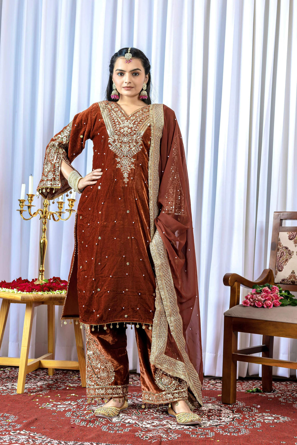 Joban Fashion Rust Brown Velvet Embroidery Kurta Set