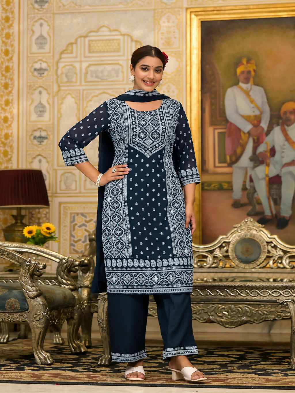 Juniper Women's Navy Ethnic Motif Printed Georgette Kurta Pant And Dupatta Set With Sequins & Beads
