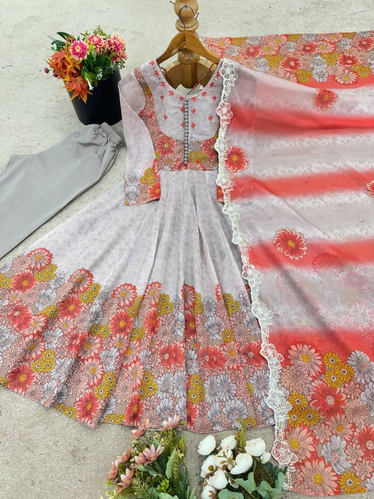 Teeya Creation Multi Color Organza Silk With Digital print With Embroidery Gown