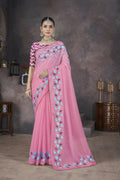 Vastranavya Pink Soft Crush Georgette Thread Embroidery work of Leaf Pattern with Patched Lace Border Saree