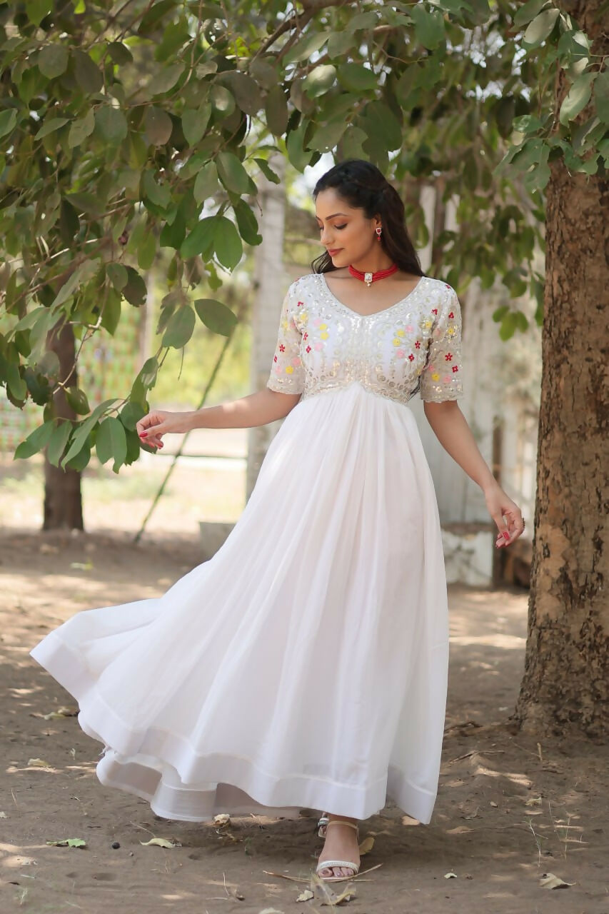 Vastranavya Faux Blooming with Embroidery Zari Sequins-work Gown - White