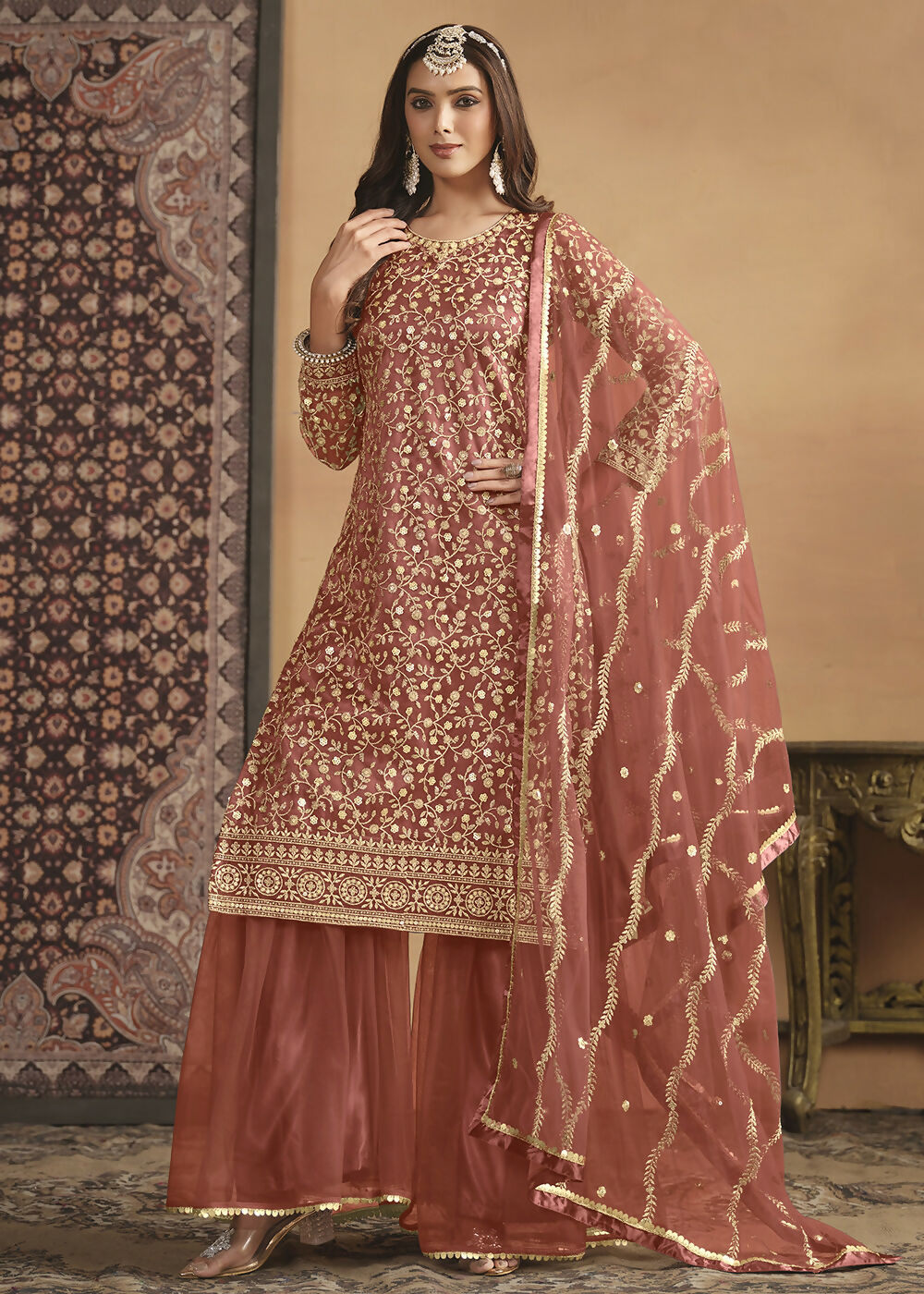 Net Rust Orange Embroidered Festive Gharara Style Suit - Emponline