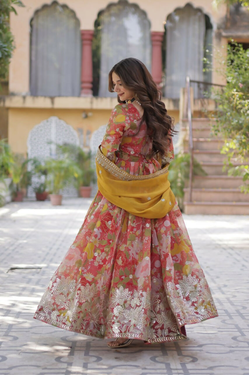 Vastranavya Multicolor Russian Silk Foil Embroidery with Zari Sequins & Digital Printed Gown Dupatta