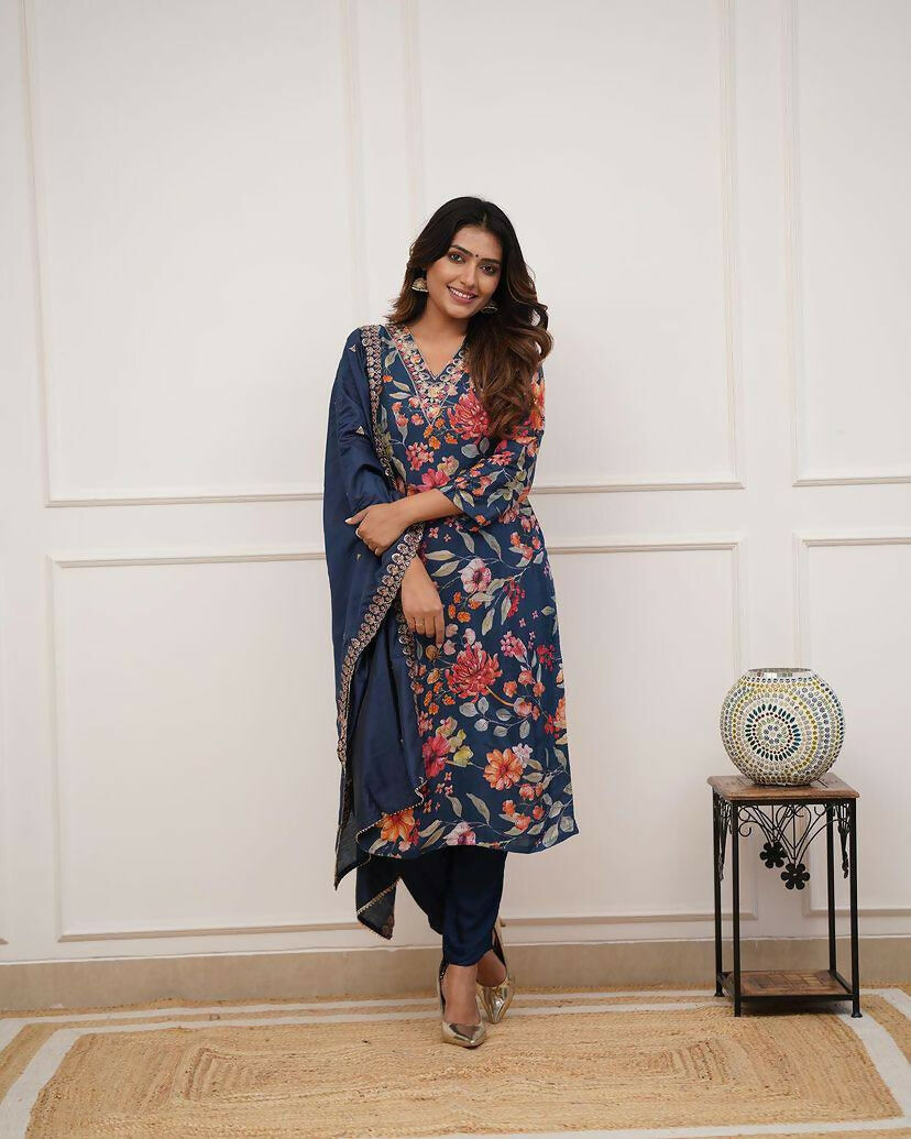 The52 Blue Women's Gorgeous Printed Pure Russian Silk Fabric Straight Kurta Pant with Dupatta Set
