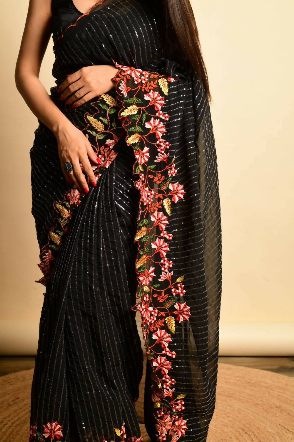 Vamsee Black Georgette Designer Saree