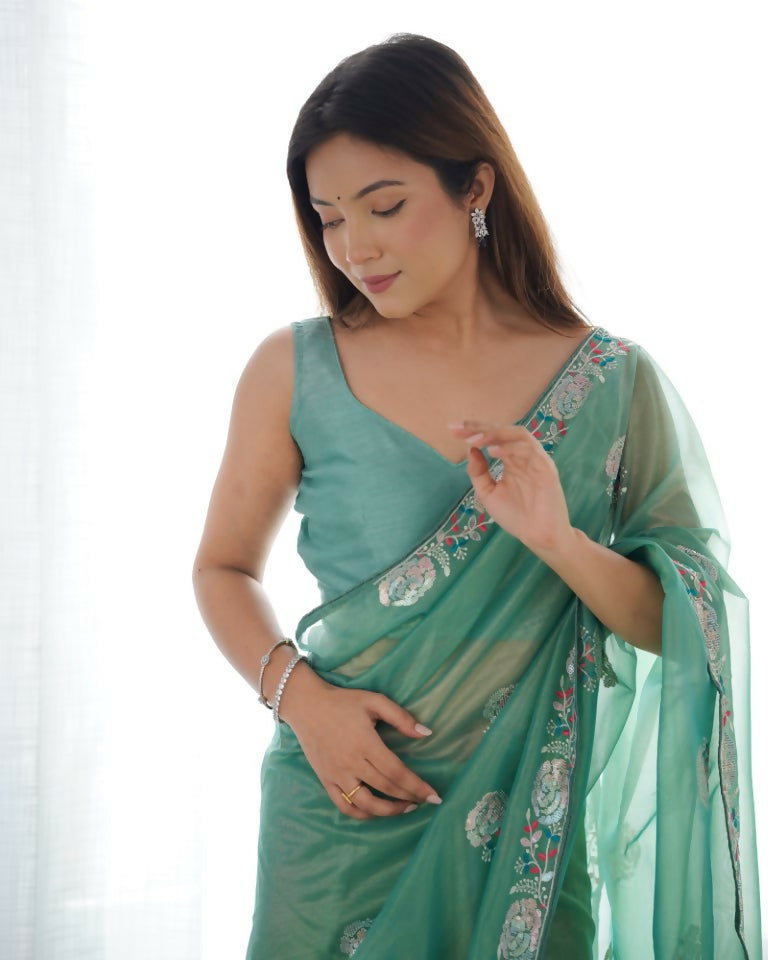Sea Green Gold Twill Net Multy Thread, Sequance Embroidery Work Saree - Kriti