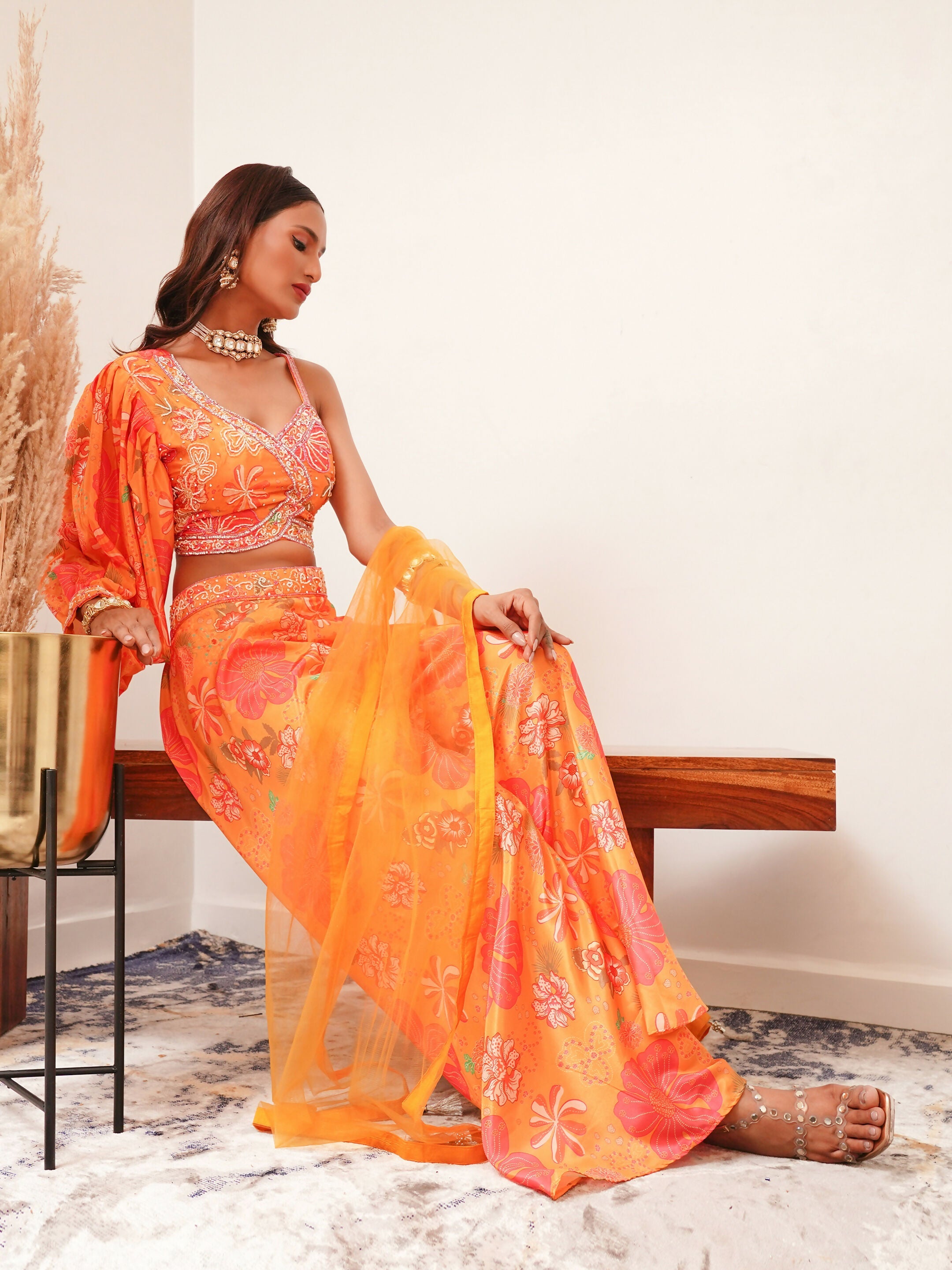 Orange Digital Chinon Handwork Top with Palazzo & Dupatta - Naomika