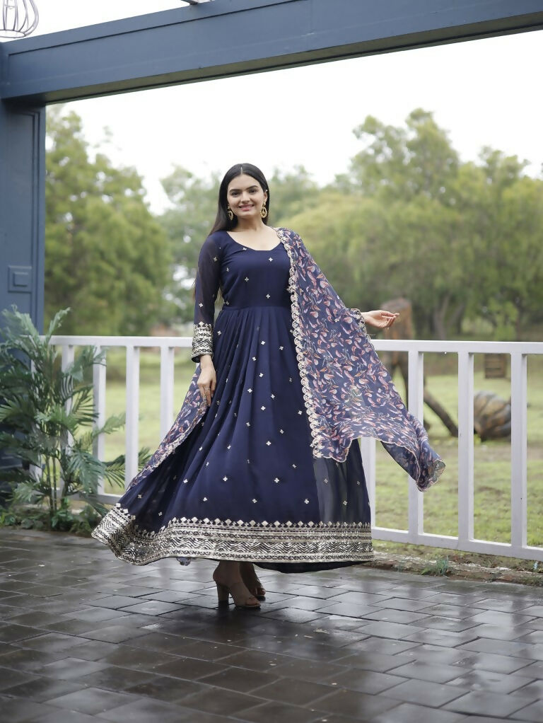 Jyoti Fashion Women's Navy Blue Faux Blooming Sequins with Zari Embroidery Anarkali Dress with Dupatta