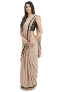 Mominos Fashion All Season Wear Beige And Black Colour Ruffled Ready To Wear Saree