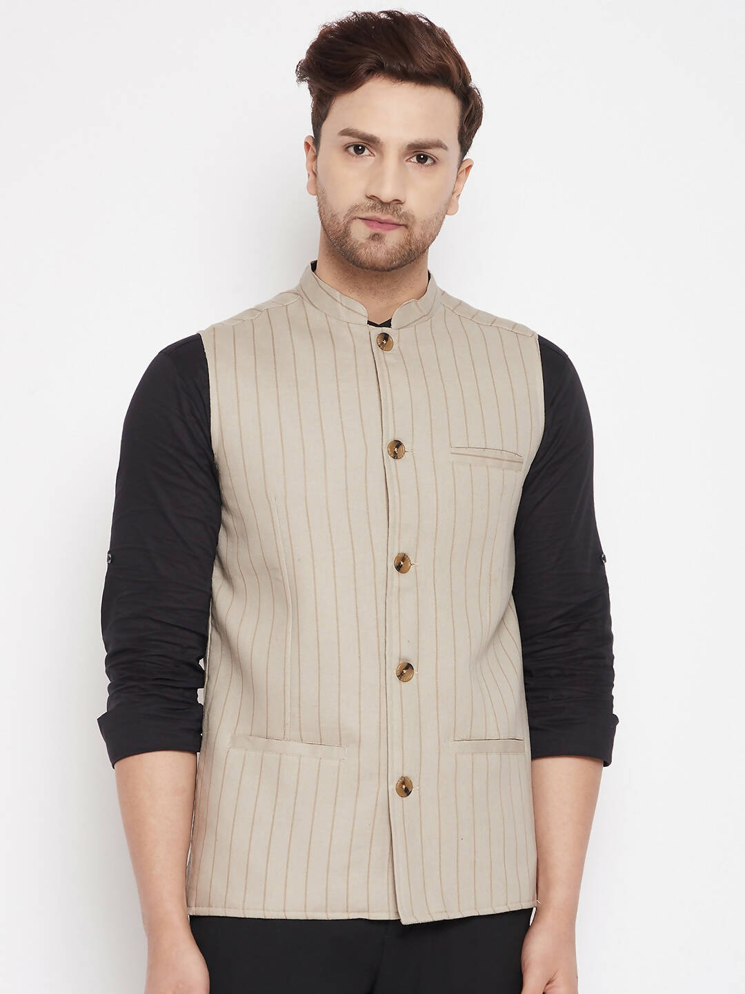 Even Apparels Beige Linen Blend Men Woven Nehru Jacket
