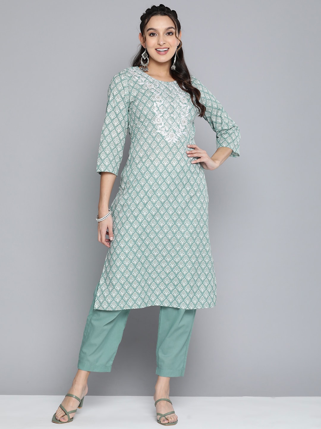 HERE&NOW Women Ethnic Motifs Embroidered Mirror Work Pure Cotton Kurta With Trousers