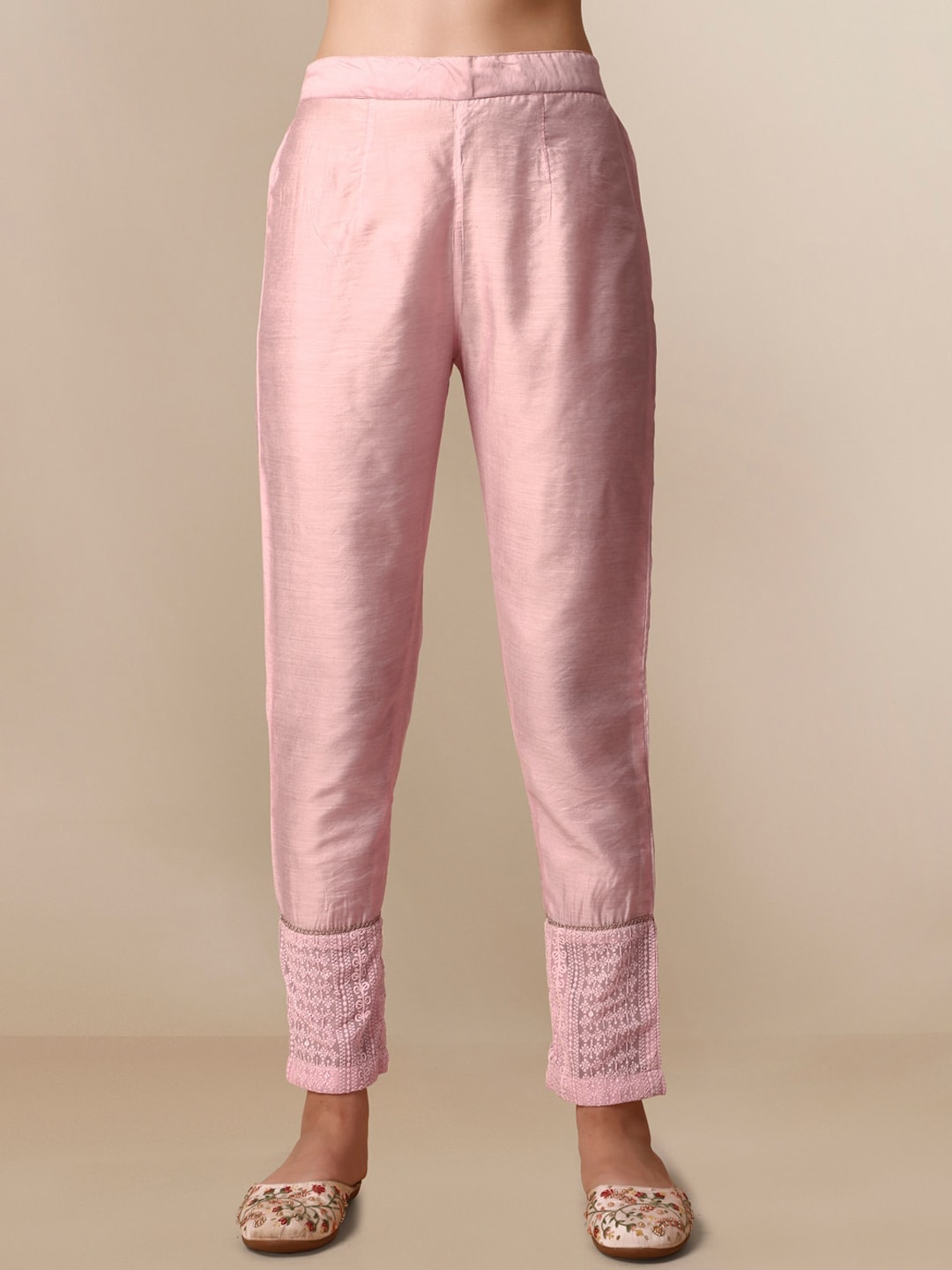 HERE&NOW Lucknowi Chikankari Schiffli Chanderi Silk Kurta Trousers with Organza Dupatta