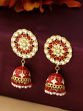 NVR Women Gold-Polished Red Dome Shaped Meenkari Jhumkas Earrings
