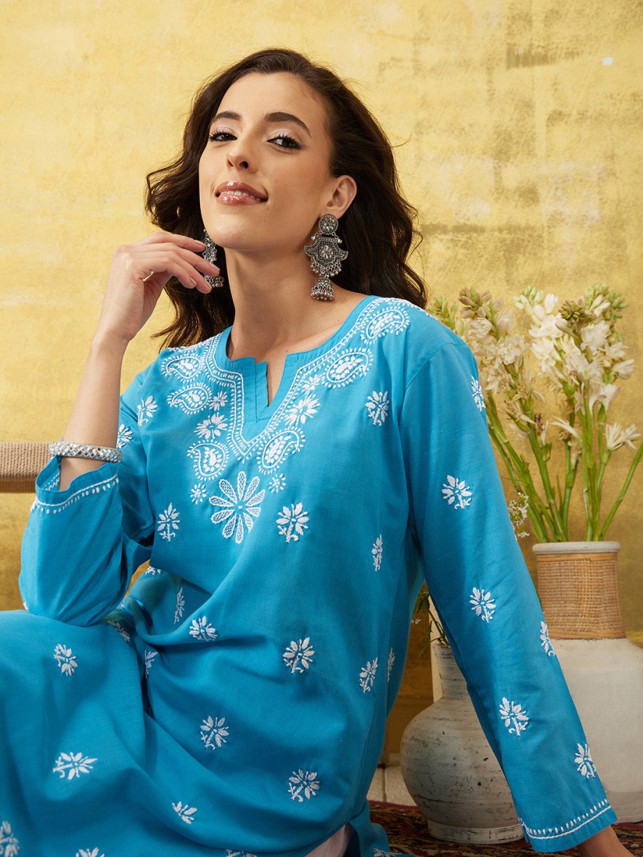 ADA Floral Lucknowi Chikankari Straight Kurta