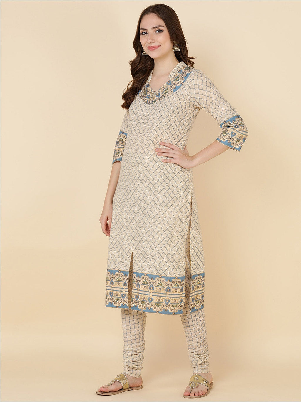 HERE&NOW Women Beige Printed Pure Cotton Kurta with Churidar & With Dupatta