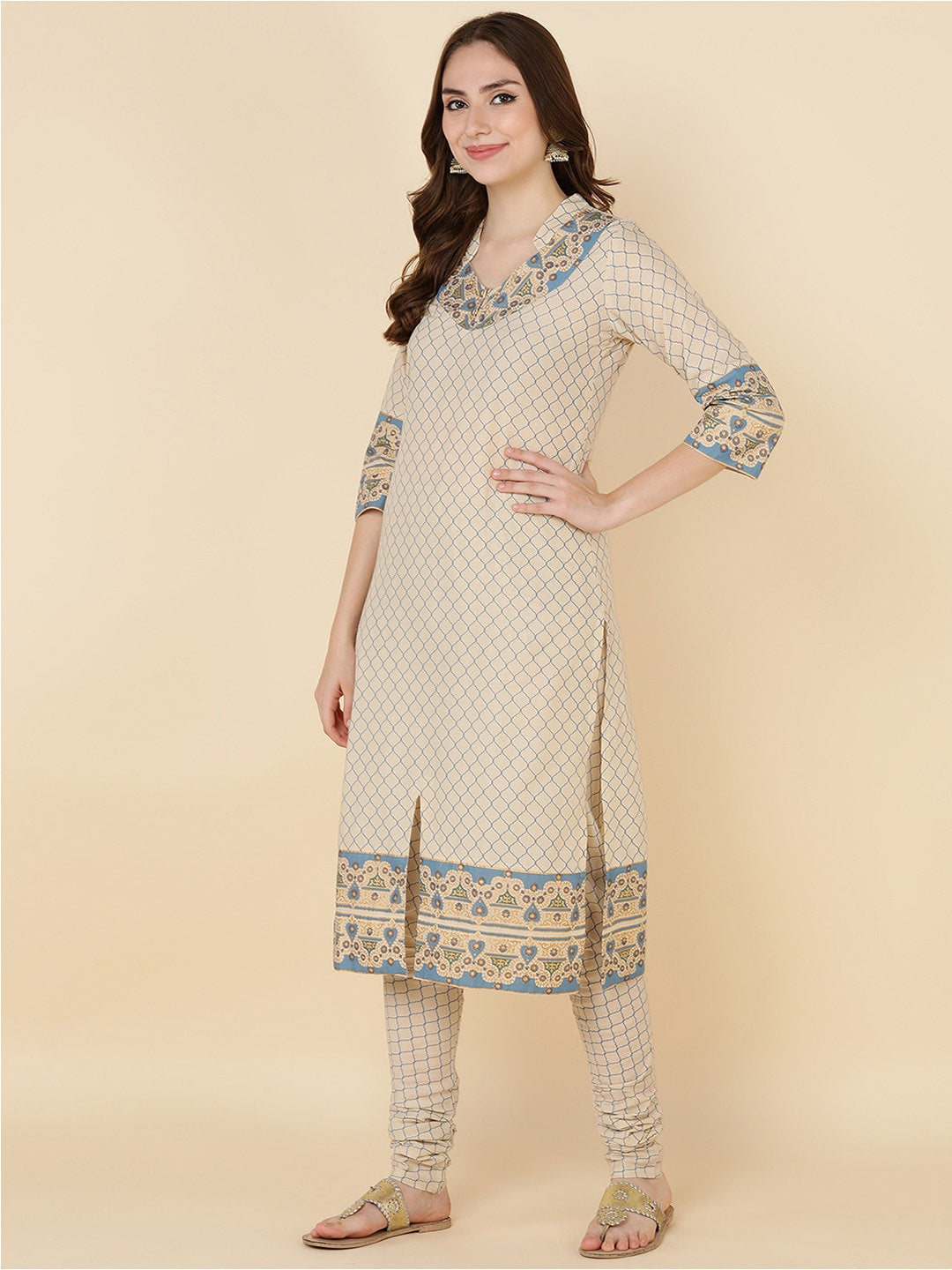 HERE&NOW Women Beige Printed Pure Cotton Kurta with Churidar & With Dupatta