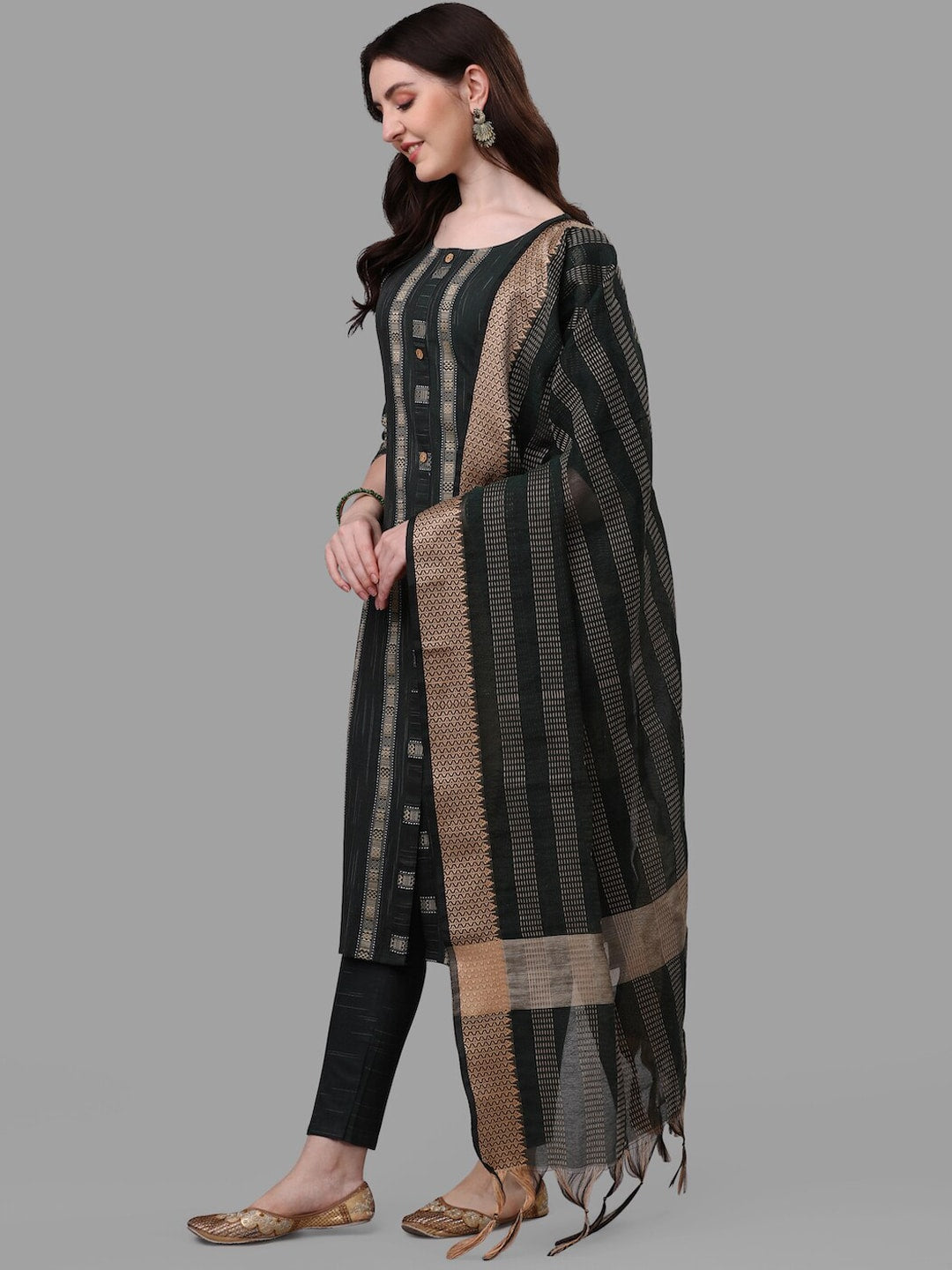 HERE&NOW Green Striped Pure Cotton Kurta With Trousers & Dupatta