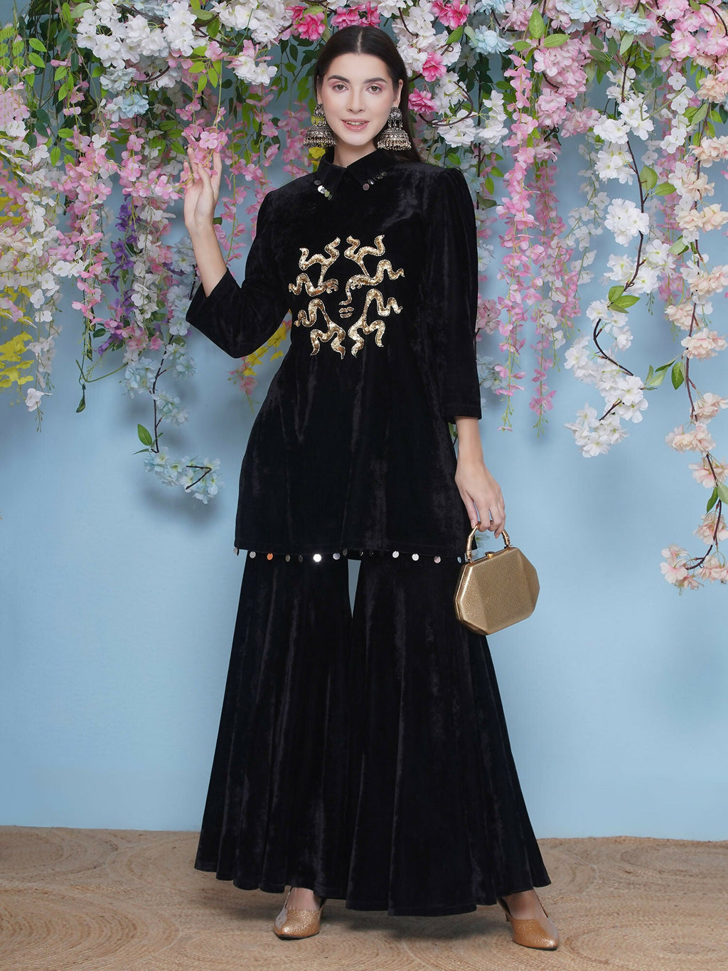 Joban Fashion Black Velvet Sharara Set