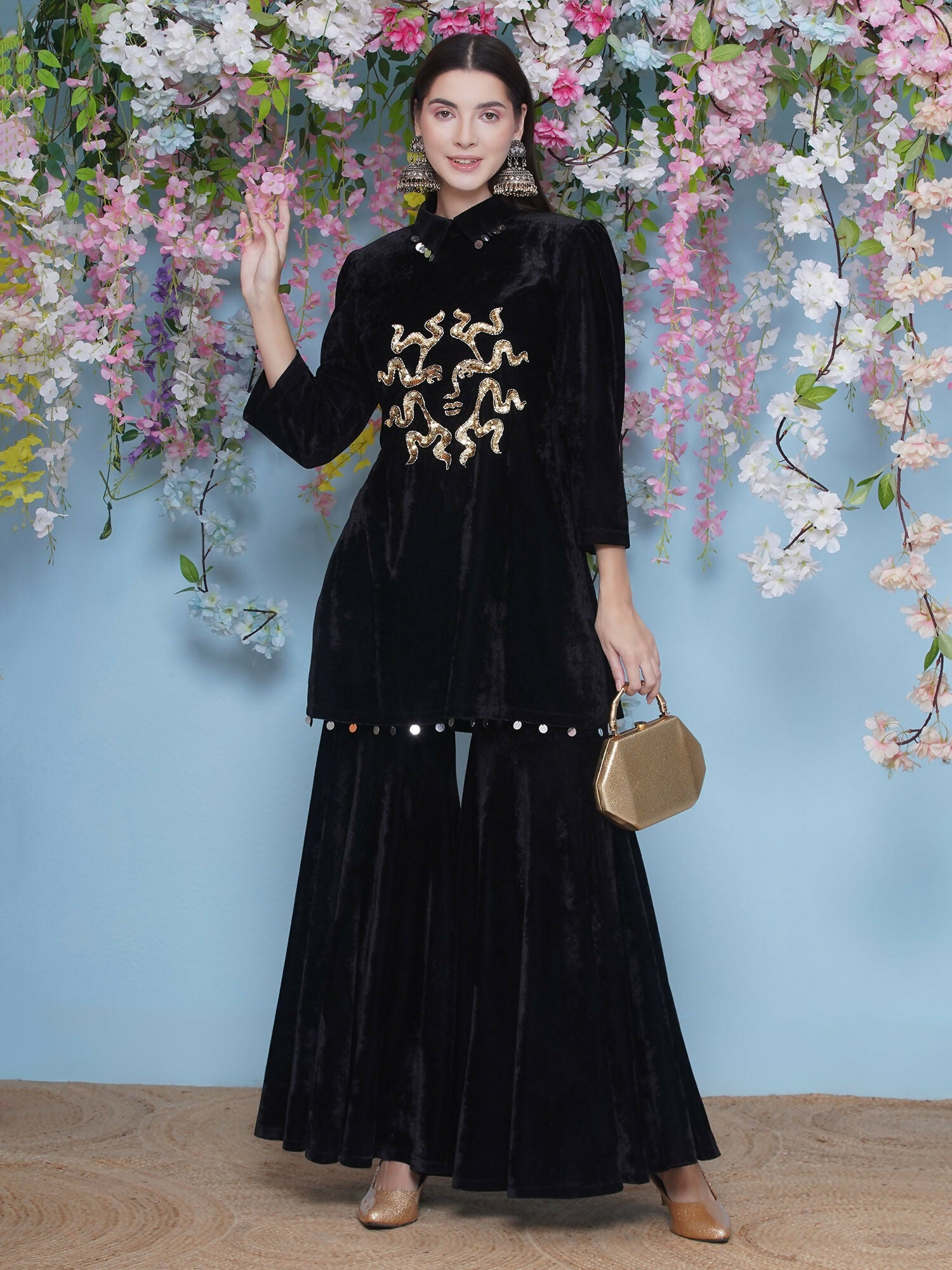 Joban Fashion Black Velvet Sharara Set