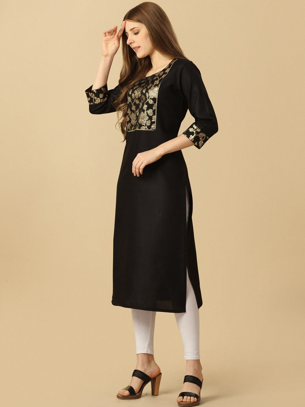 HERE&NOW Black & Gold Square Neck Yoke Design Cotton Kurta